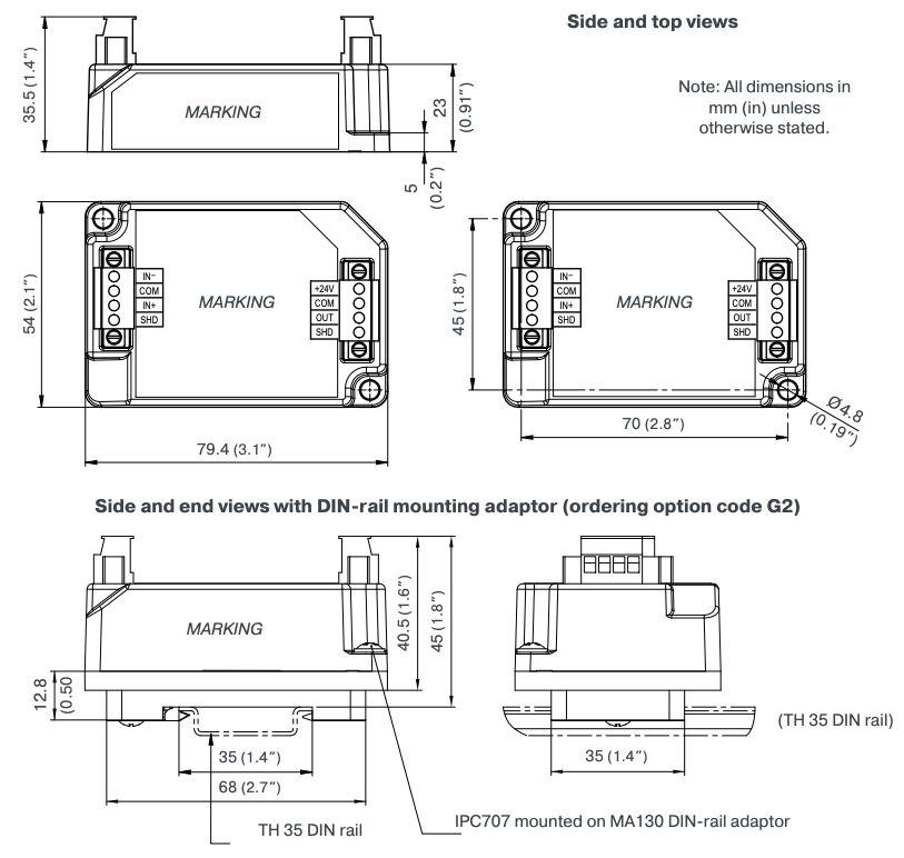 IPC707 mechanical drawings — side, top, end views and DIN-rail mounted views